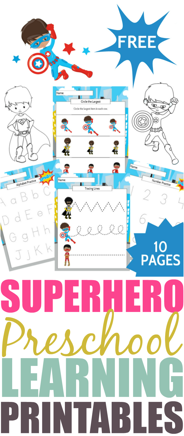 boy superhero preschool learning printable package