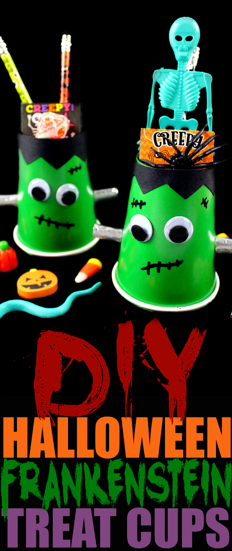 Make these DIY Halloween Frankenstein Treat Cups. Perfect for your Halloween party candy station or to limit the kids candy intake after trick-or-treating.