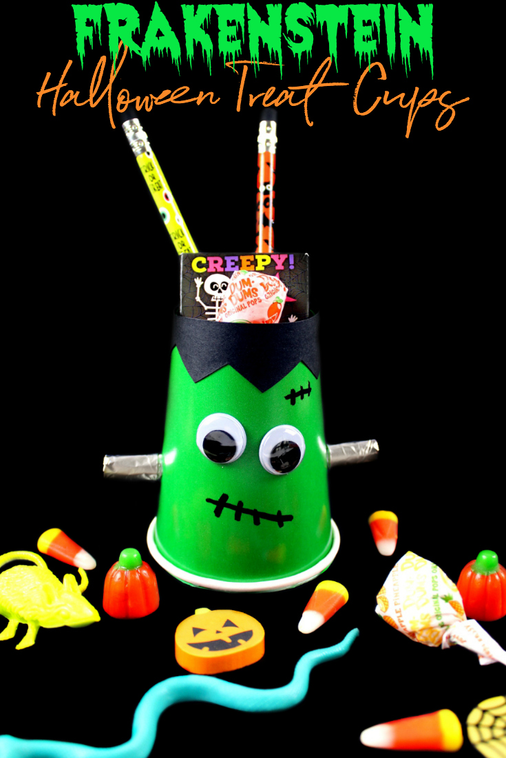 Make these DIY Halloween Frankenstein Treat Cups. Perfect for your Halloween party candy station or to limit the kids candy intake after trick-or-treating.