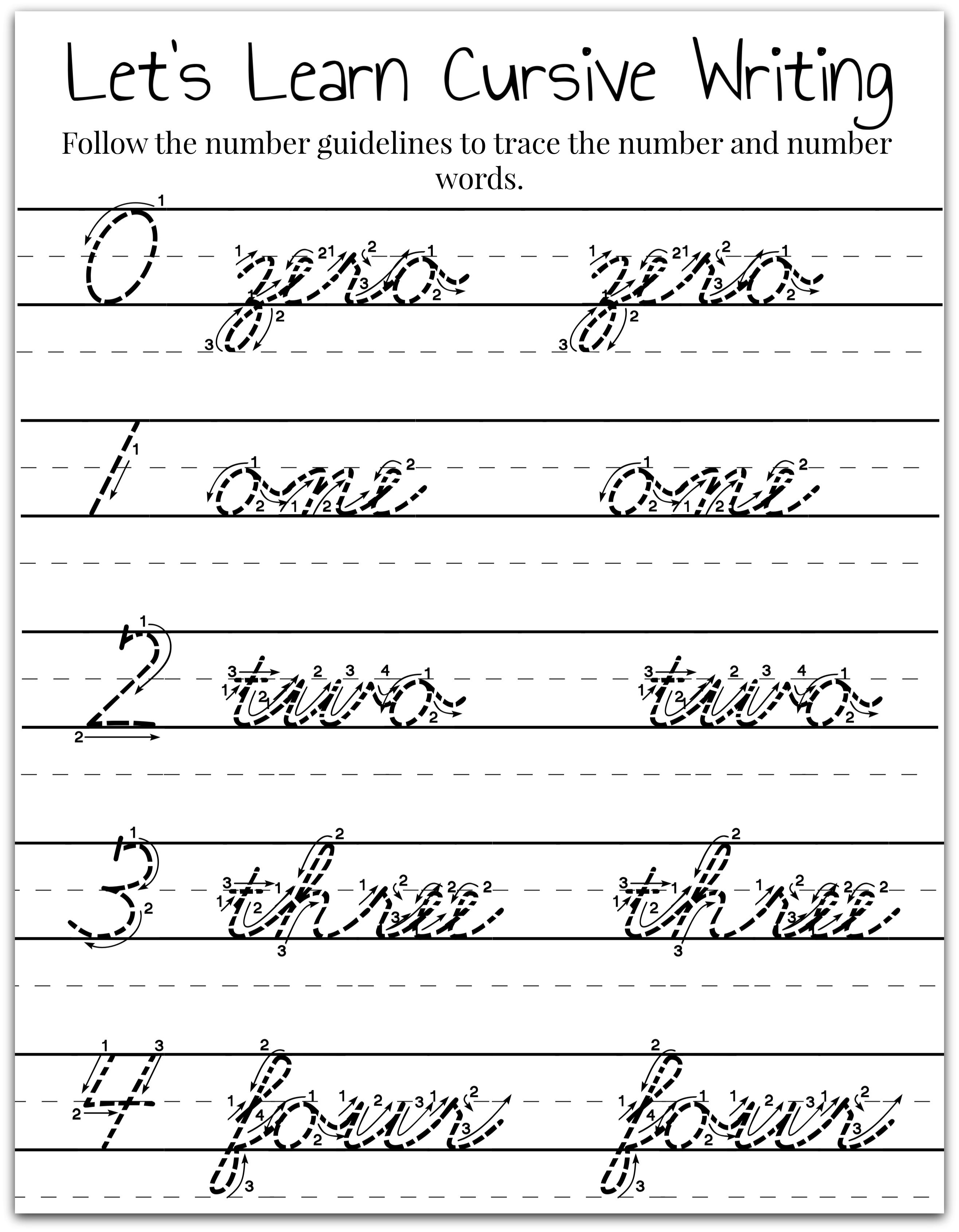 Cursive Numbers Worksheets