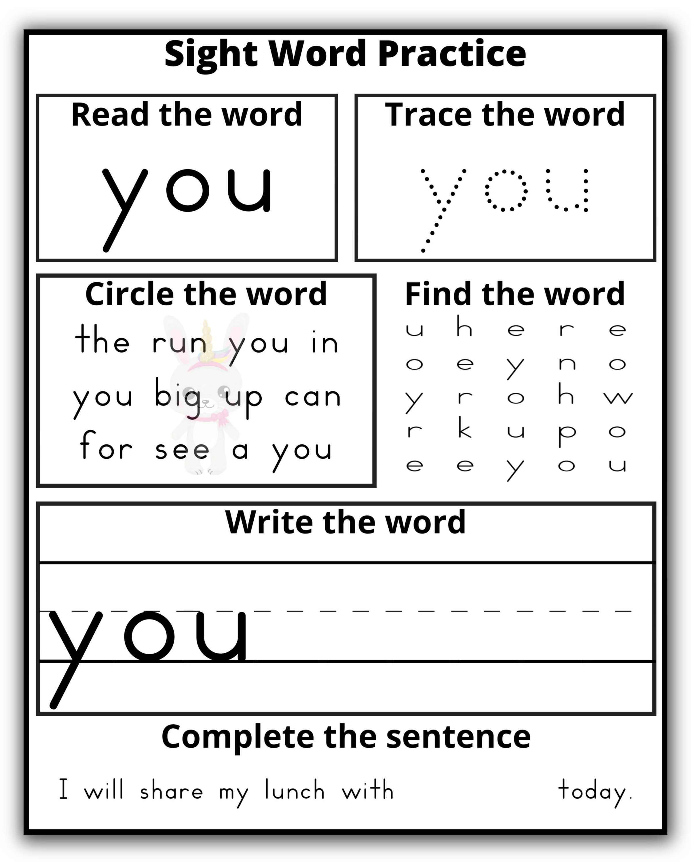 Pre-Kindergarten Sight Word Practice
