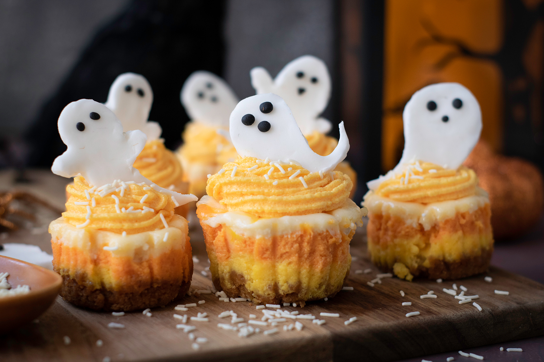 Halloween Candy Corn Mini Cheesecakes