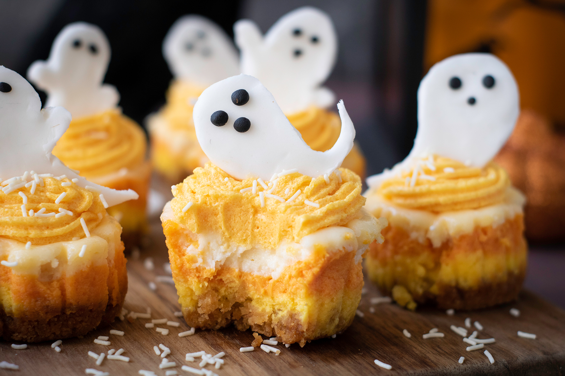 Halloween Candy Corn Mini Cheesecakes